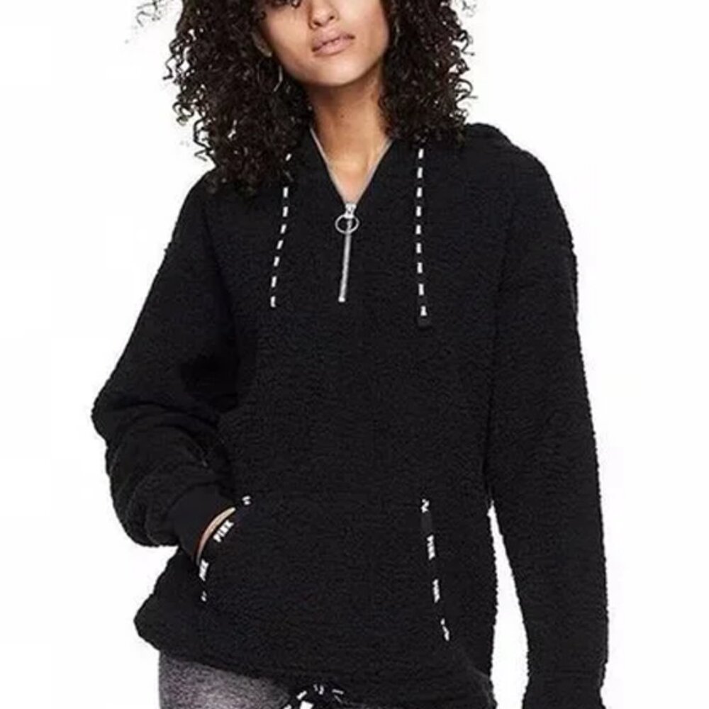 Victoria's Secret PINK Sherpa Half Zip Hoodie Jacket (Black)